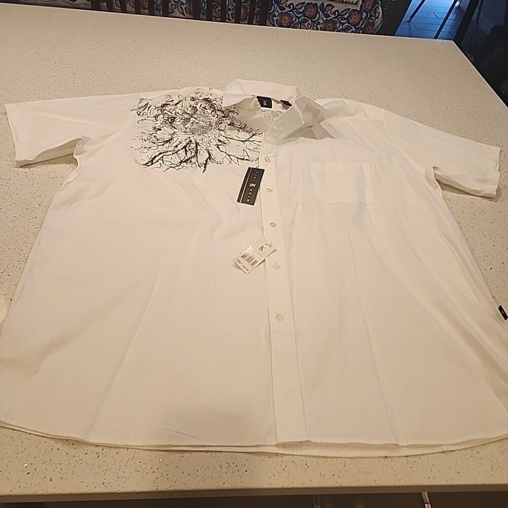 NWT Kani Gold Men's White Graphic Cross Button Front Shirt 4X Short Sleeve